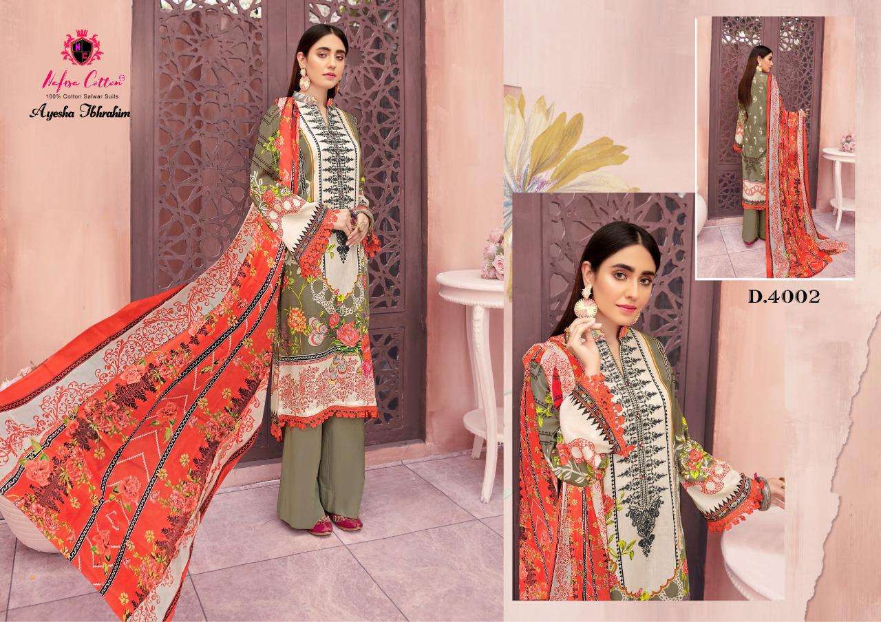 Ayesha Ibrahim Cotton Collection Vol-4 By Nafisa Cotton 4001 To 4006 Series Beautiful Suits Colorful Stylish Fancy Casual Wear & Ethnic Wear Cotton Print Dresses At Wholesale Price