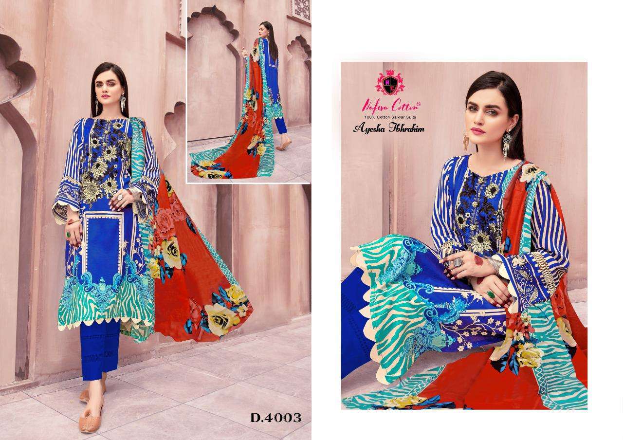 Ayesha Ibrahim Cotton Collection Vol-4 By Nafisa Cotton 4001 To 4006 Series Beautiful Suits Colorful Stylish Fancy Casual Wear & Ethnic Wear Cotton Print Dresses At Wholesale Price