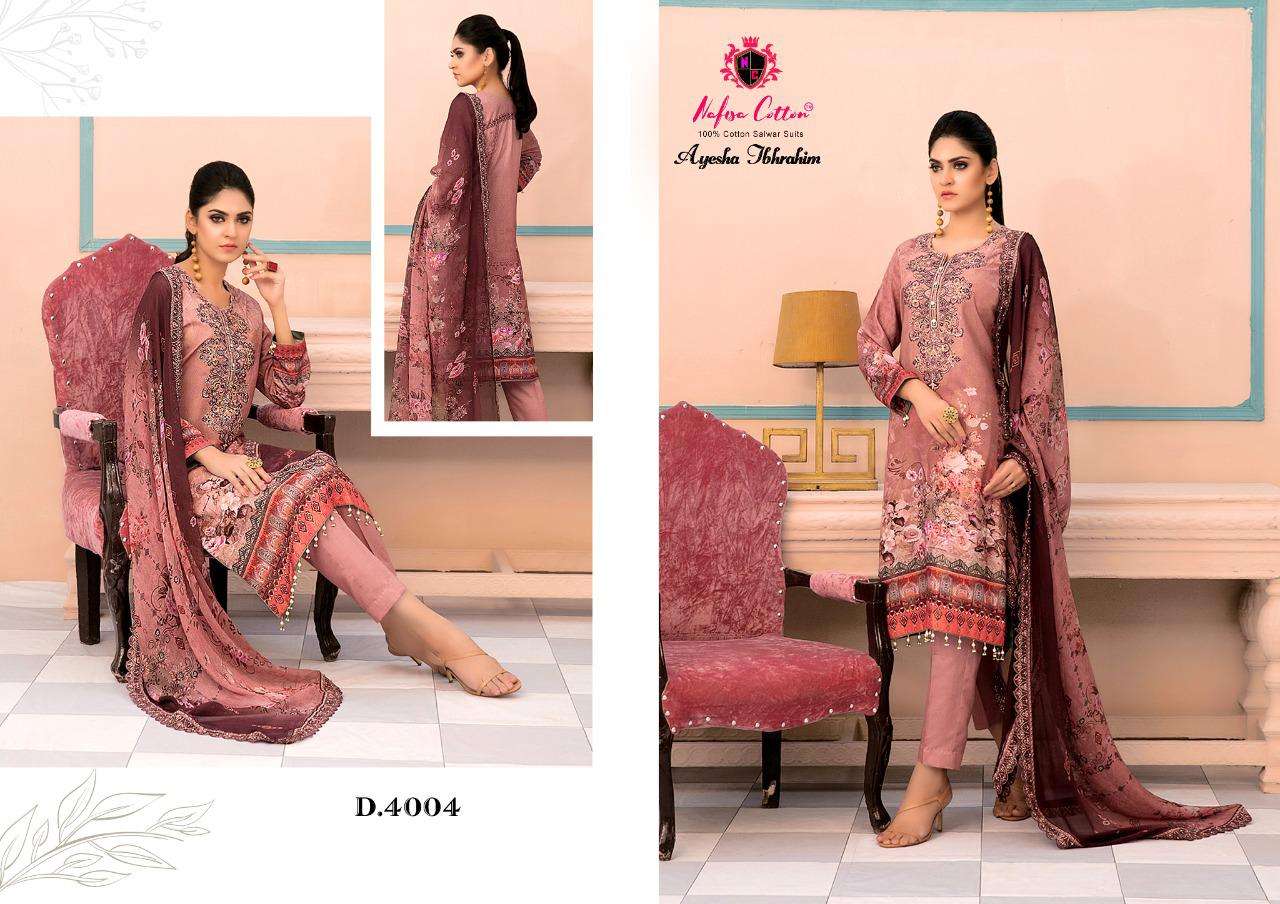 Ayesha Ibrahim Cotton Collection Vol-4 By Nafisa Cotton 4001 To 4006 Series Beautiful Suits Colorful Stylish Fancy Casual Wear & Ethnic Wear Cotton Print Dresses At Wholesale Price