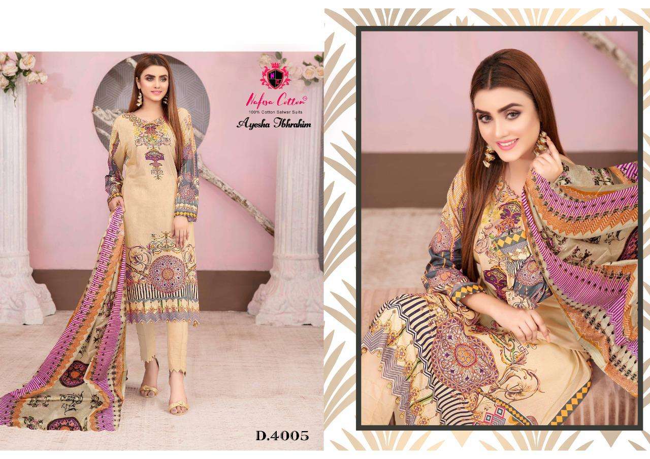 Ayesha Ibrahim Cotton Collection Vol-4 By Nafisa Cotton 4001 To 4006 Series Beautiful Suits Colorful Stylish Fancy Casual Wear & Ethnic Wear Cotton Print Dresses At Wholesale Price