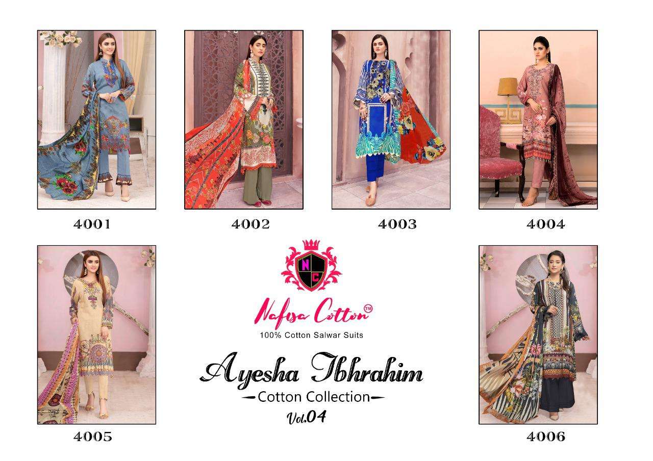 Ayesha Ibrahim Cotton Collection Vol-4 By Nafisa Cotton 4001 To 4006 Series Beautiful Suits Colorful Stylish Fancy Casual Wear & Ethnic Wear Cotton Print Dresses At Wholesale Price