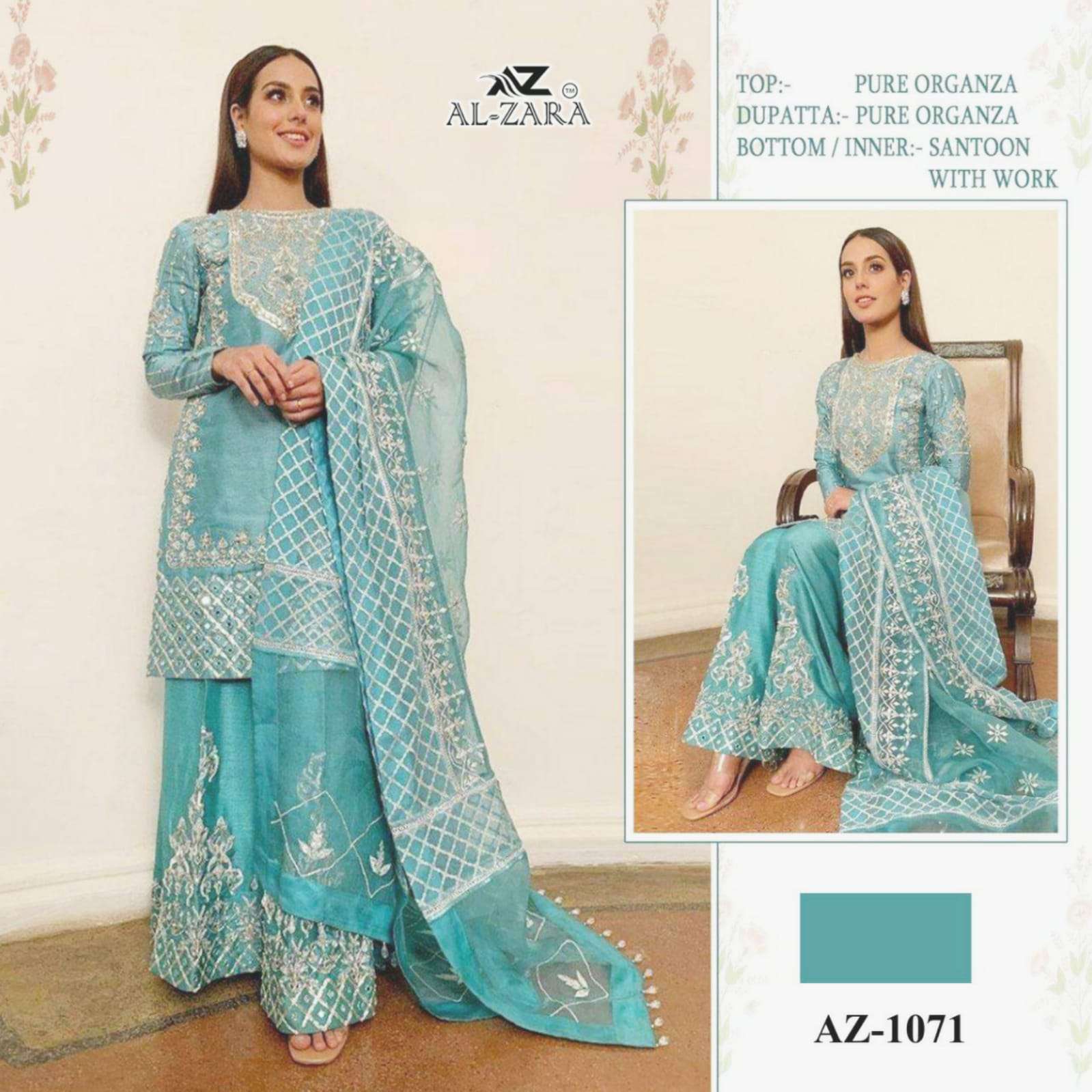 AL ZARA 1071 COLOURS BY AL ZARA 1071-A TO 1071-D SERIES BEAUTIFUL PAKISTANI SUITS COLORFUL STYLISH FANCY CASUAL WEAR & ETHNIC WEAR ORGANZA DRESSES AT WHOLESALE PRICE