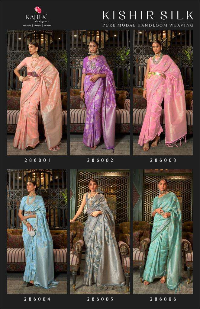 KISHIR SILK BY RAJ TEX 286001 TO 286006 SERIES INDIAN TRADITIONAL WEAR COLLECTION BEAUTIFUL STYLISH FANCY COLORFUL PARTY WEAR & OCCASIONAL WEAR SILK WEAVING SAREES AT WHOLESALE PRICE