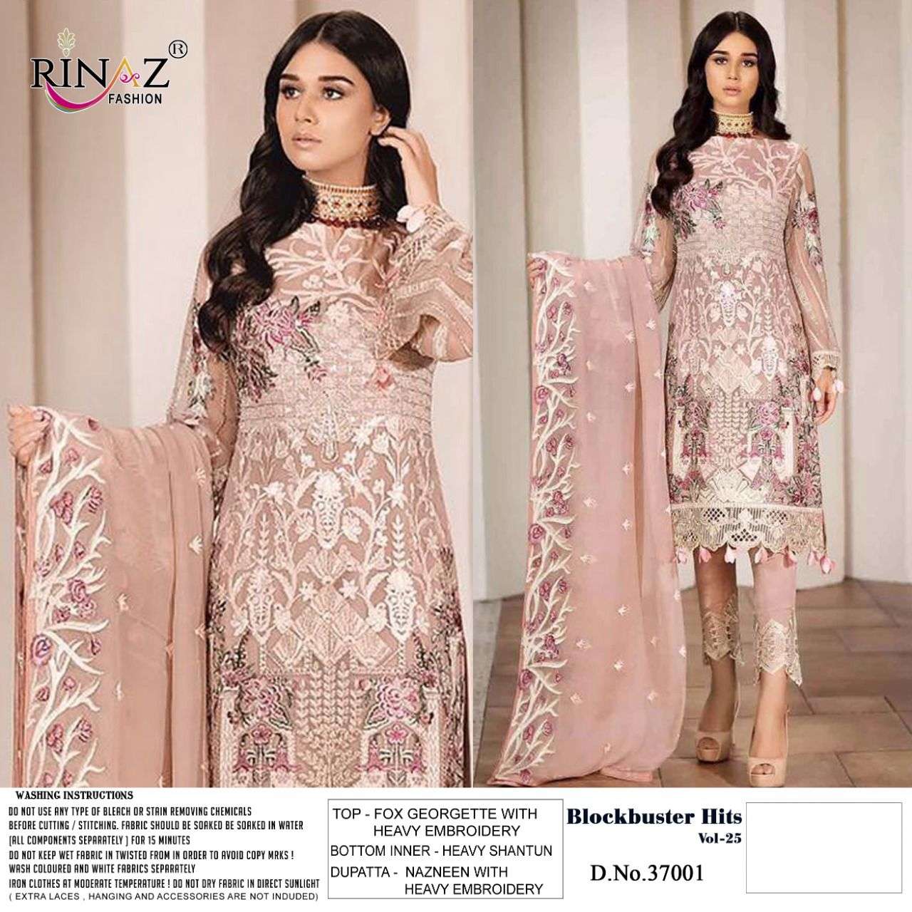 BLOCKBUSTER HITS VOL-25 BY RINAZ FASHION 37001 TO 37005 SERIES DESIGNER FESTIVE SUITS COLLECTION BEAUTIFUL STYLISH FANCY COLORFUL PARTY WEAR & OCCASIONAL WEAR FAUX GEORGETTE EMBROIDERED DRESSES AT WHOLESALE PRICE
