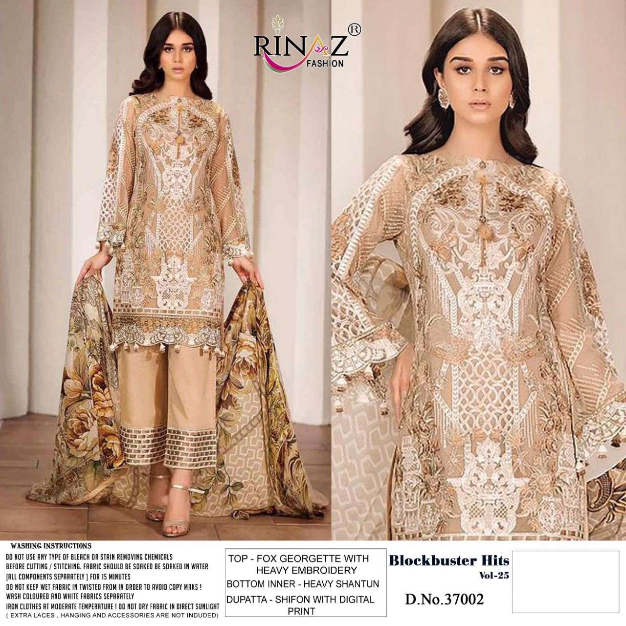 BLOCKBUSTER HITS VOL-25 BY RINAZ FASHION 37001 TO 37005 SERIES DESIGNER FESTIVE SUITS COLLECTION BEAUTIFUL STYLISH FANCY COLORFUL PARTY WEAR & OCCASIONAL WEAR FAUX GEORGETTE EMBROIDERED DRESSES AT WHOLESALE PRICE