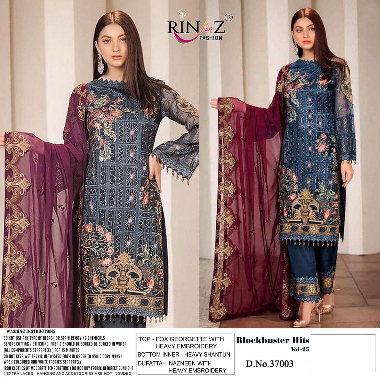 BLOCKBUSTER HITS VOL-25 BY RINAZ FASHION 37001 TO 37005 SERIES DESIGNER FESTIVE SUITS COLLECTION BEAUTIFUL STYLISH FANCY COLORFUL PARTY WEAR & OCCASIONAL WEAR FAUX GEORGETTE EMBROIDERED DRESSES AT WHOLESALE PRICE