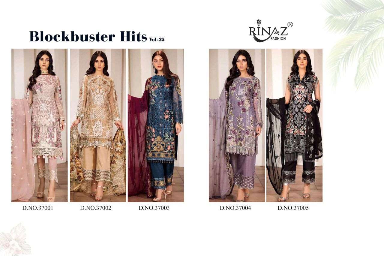 BLOCKBUSTER HITS VOL-25 BY RINAZ FASHION 37001 TO 37005 SERIES DESIGNER FESTIVE SUITS COLLECTION BEAUTIFUL STYLISH FANCY COLORFUL PARTY WEAR & OCCASIONAL WEAR FAUX GEORGETTE EMBROIDERED DRESSES AT WHOLESALE PRICE