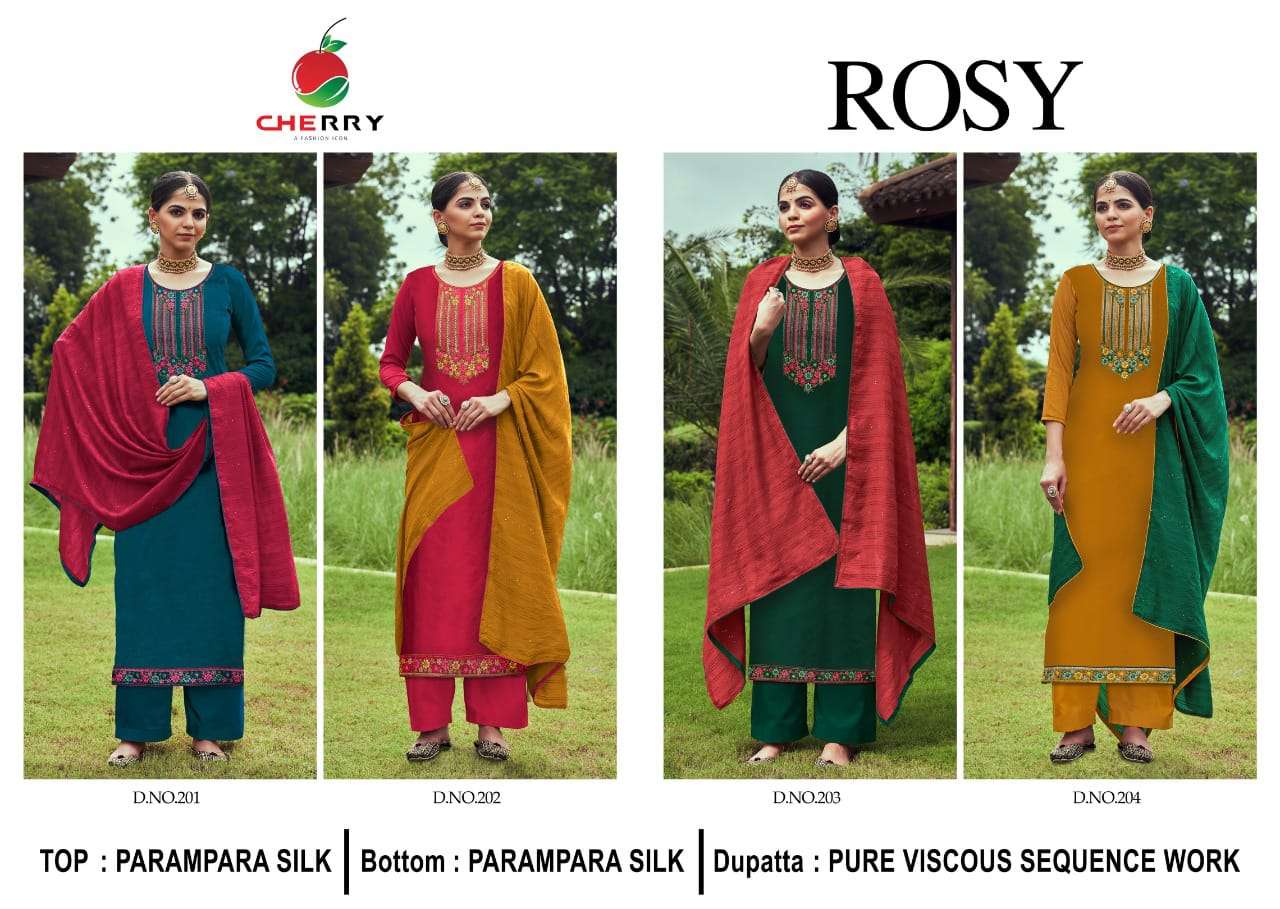 ROSY BY CHERRY 201 TO 204 SERIES BEAUTIFUL SUITS COLORFUL STYLISH FANCY CASUAL WEAR & ETHNIC WEAR SILK DRESSES AT WHOLESALE PRICE