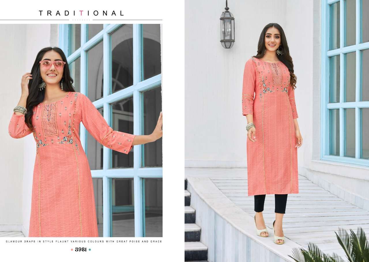 MIRACAL BY RANGOON 3981 TO 3986 SERIES DESIGNER STYLISH FANCY COLORFUL BEAUTIFUL PARTY WEAR & ETHNIC WEAR COLLECTION VISCOSE KURTIS AT WHOLESALE PRICE