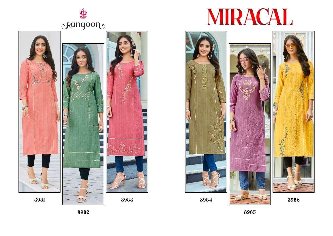 MIRACAL BY RANGOON 3981 TO 3986 SERIES DESIGNER STYLISH FANCY COLORFUL BEAUTIFUL PARTY WEAR & ETHNIC WEAR COLLECTION VISCOSE KURTIS AT WHOLESALE PRICE