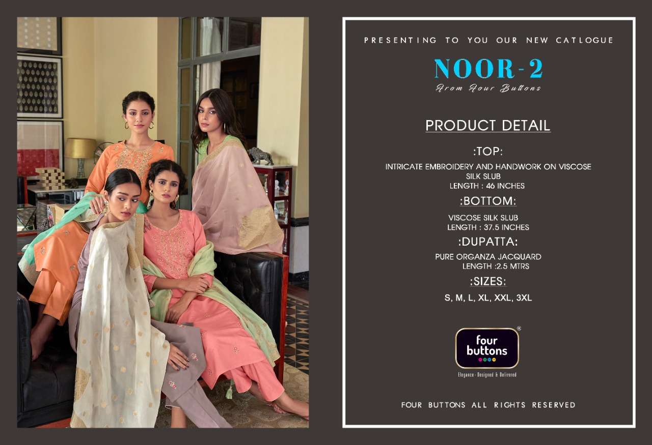 NOOR VOL-2 BY FOUR BUTTONS 2061 TO 2066 SERIES BEAUTIFUL SUITS COLORFUL STYLISH FANCY CASUAL WEAR & ETHNIC WEAR PURE VISCOSE SILK EMBROIDERED DRESSES AT WHOLESALE PRICE