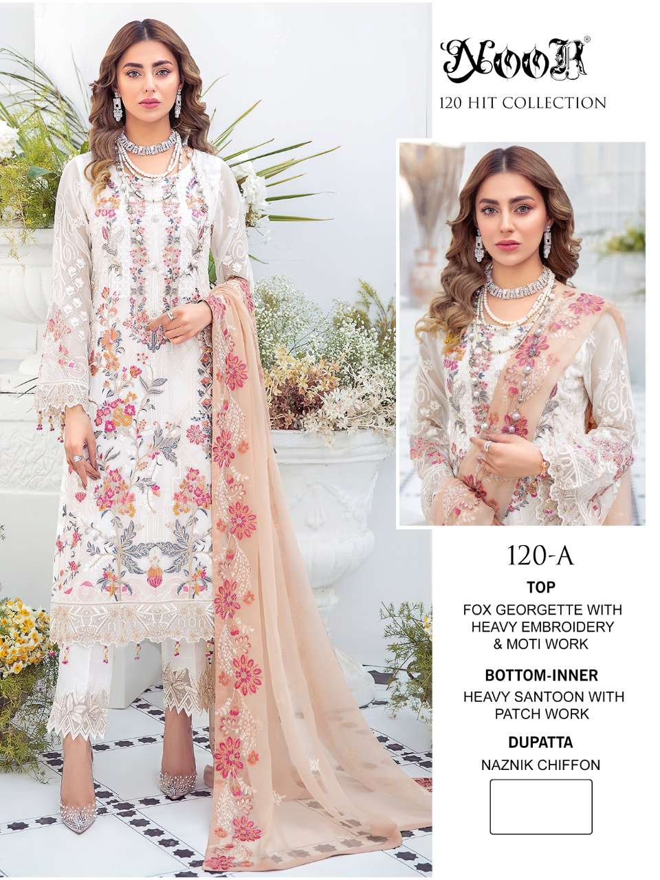 NOOR 120 COLOURS BY NOOR 120-A TO 120-D SERIES PAKISTANI STYLISH BEAUTIFUL COLOURFUL PRINTED & EMBROIDERED PARTY WEAR & OCCASIONAL WEAR FAUX GEORGETTE EMBROIDERED DRESSES AT WHOLESALE PRICE