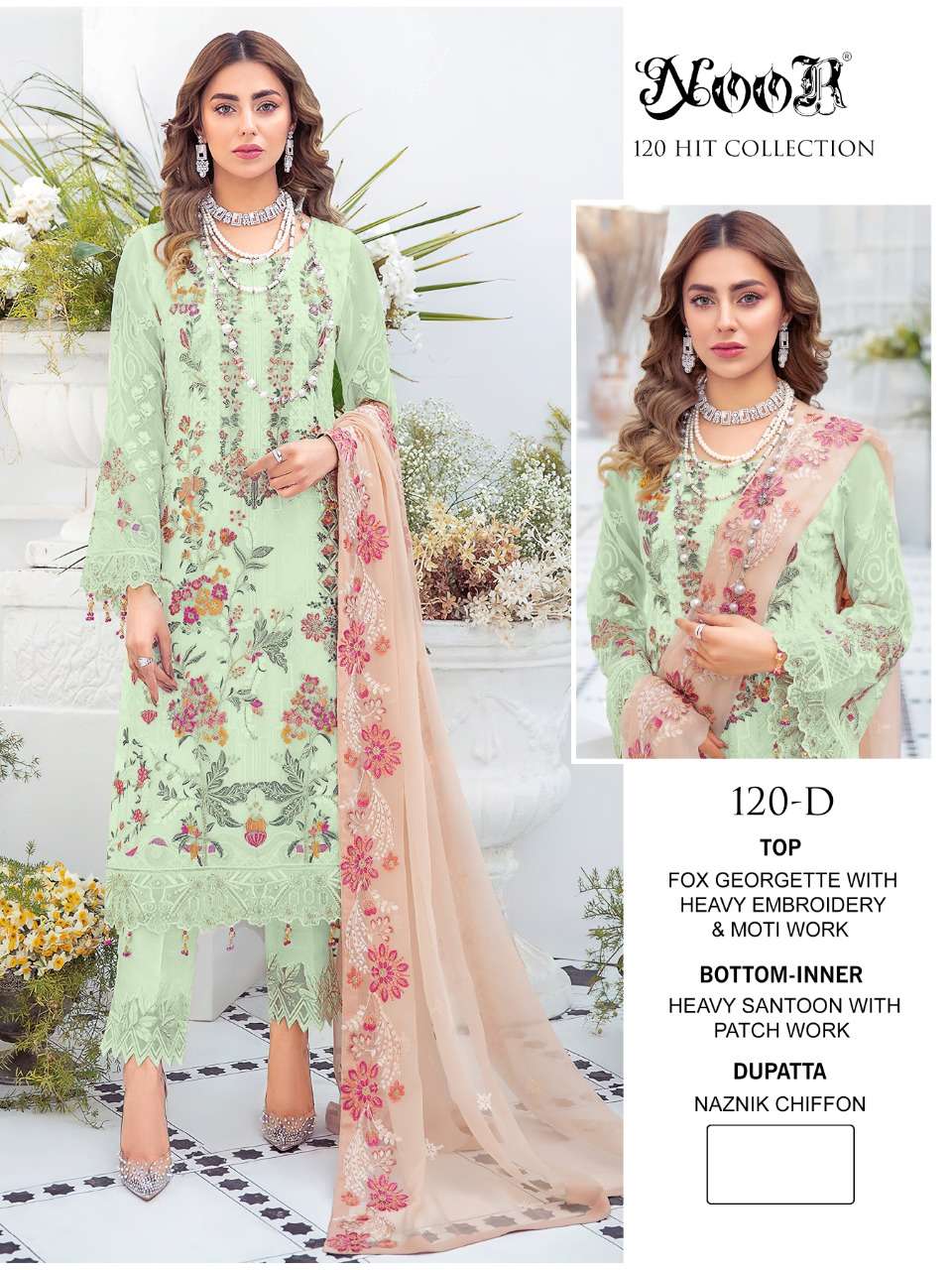 NOOR 120 COLOURS BY NOOR 120-A TO 120-D SERIES PAKISTANI STYLISH BEAUTIFUL COLOURFUL PRINTED & EMBROIDERED PARTY WEAR & OCCASIONAL WEAR FAUX GEORGETTE EMBROIDERED DRESSES AT WHOLESALE PRICE