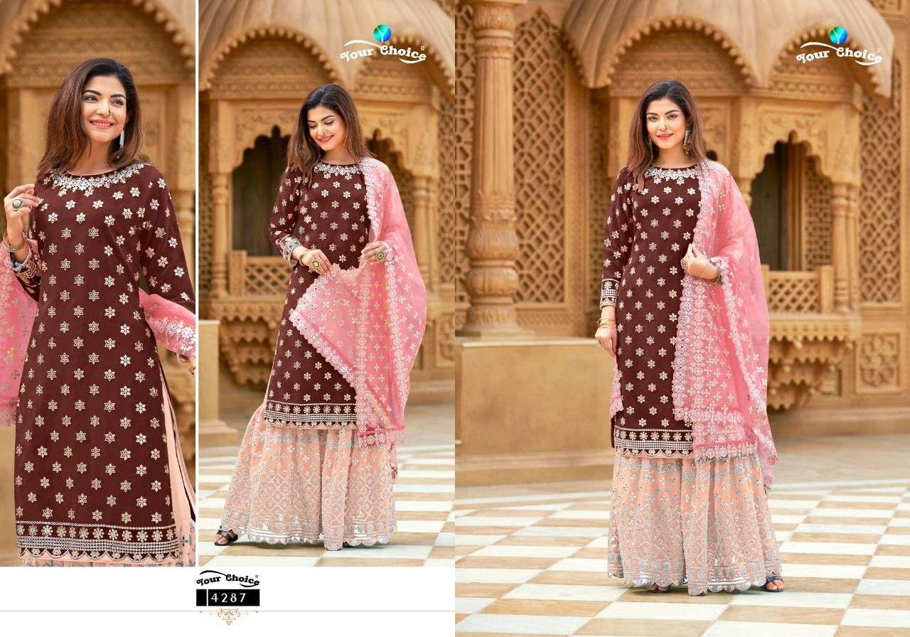 Fashion 4285 Series By Your Choice 4285 To 4288 Series Sharara Stylish Beautiful Colourful Printed & Embroidered Party Wear & Occasional Wear Georgette Embroidered Dresses At Wholesale Price