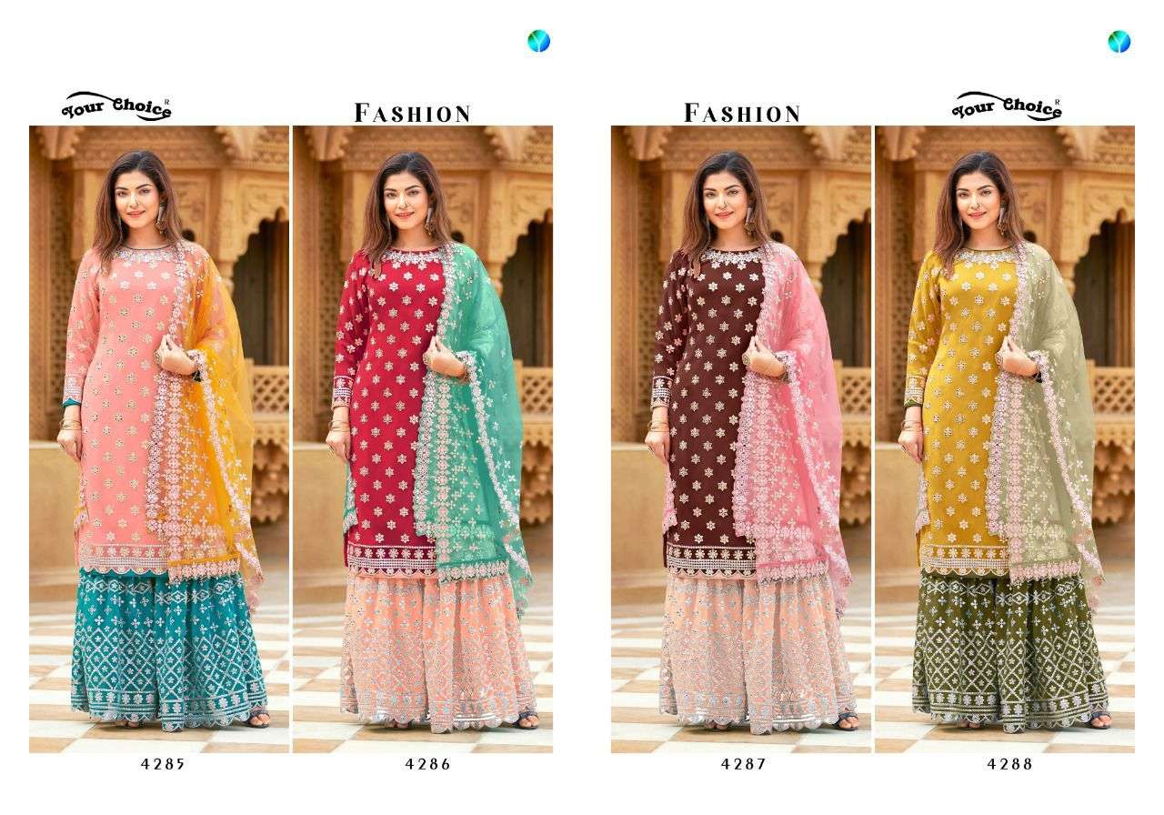 Fashion 4285 Series By Your Choice 4285 To 4288 Series Sharara Stylish Beautiful Colourful Printed & Embroidered Party Wear & Occasional Wear Georgette Embroidered Dresses At Wholesale Price