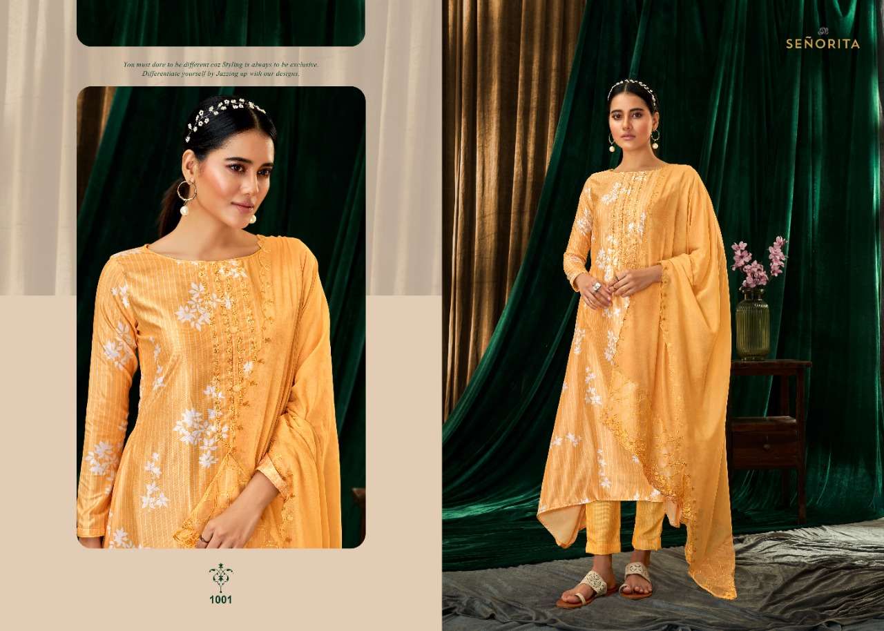 NAAZ BY SENORITA 1001 TO 1006 SERIES STYLISH BEAUTIFUL COLOURFUL PRINTED & EMBROIDERED PARTY WEAR & OCCASIONAL WEAR VELVET DRESSES AT WHOLESALE PRICE