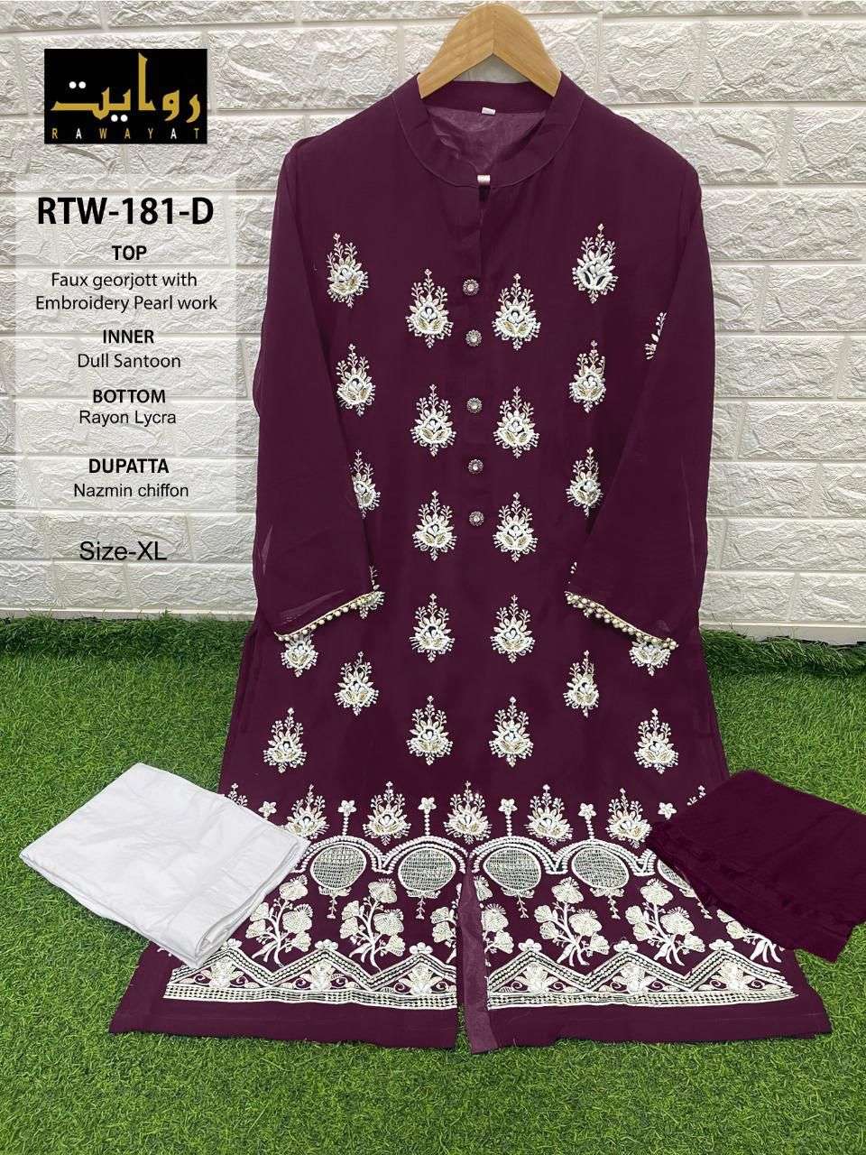 RTW-181 COLOURS BY RAWAYAT 181-A TO 181-D SERIES BEAUTIFUL PAKISANI SUITS COLORFUL STYLISH FANCY CASUAL WEAR & ETHNIC WEAR FAUX GEORGETTE EMBROIDERED DRESSES AT WHOLESALE PRICE