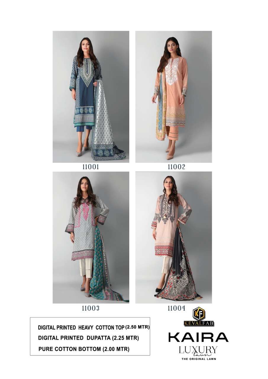KAIRA VOL-11 BY KEVAL FAB 11001 TO 11004 SERIES BEAUTIFUL SUITS STYLISH FANCY COLORFUL PARTY WEAR & OCCASIONAL WEAR PURE LAWN PRINT DRESSES AT WHOLESALE PRICE