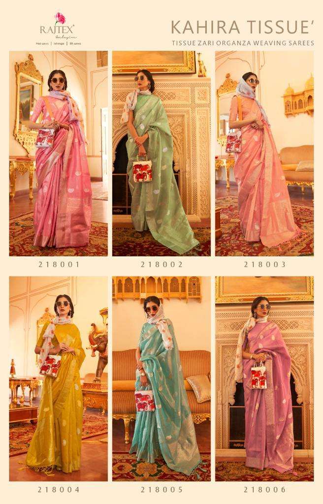 Kahira Tissue By Raj Tex 218001 To 218006 Series Indian Traditional Wear Collection Beautiful Stylish Fancy Colorful Party Wear & Occasional Wear Tissue Sarees At Wholesale Price