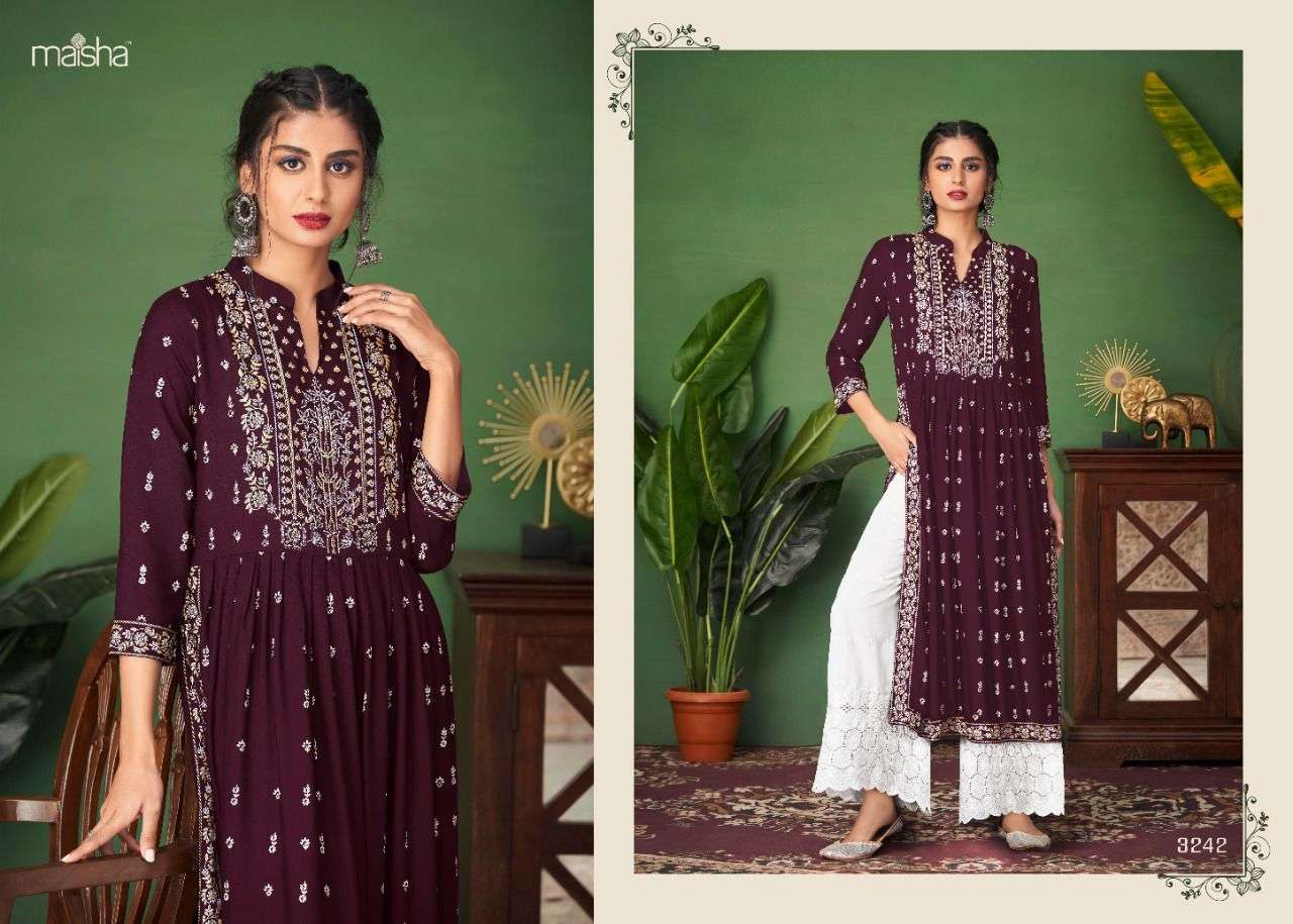 MONSOON VOL-5 BY MAISHA 3241 TO 3245 SERIES DESIGNER STYLISH FANCY COLORFUL BEAUTIFUL PARTY WEAR & ETHNIC WEAR COLLECTION RAYON PRINT KURTIS WITH BOTTOM AT WHOLESALE PRICE
