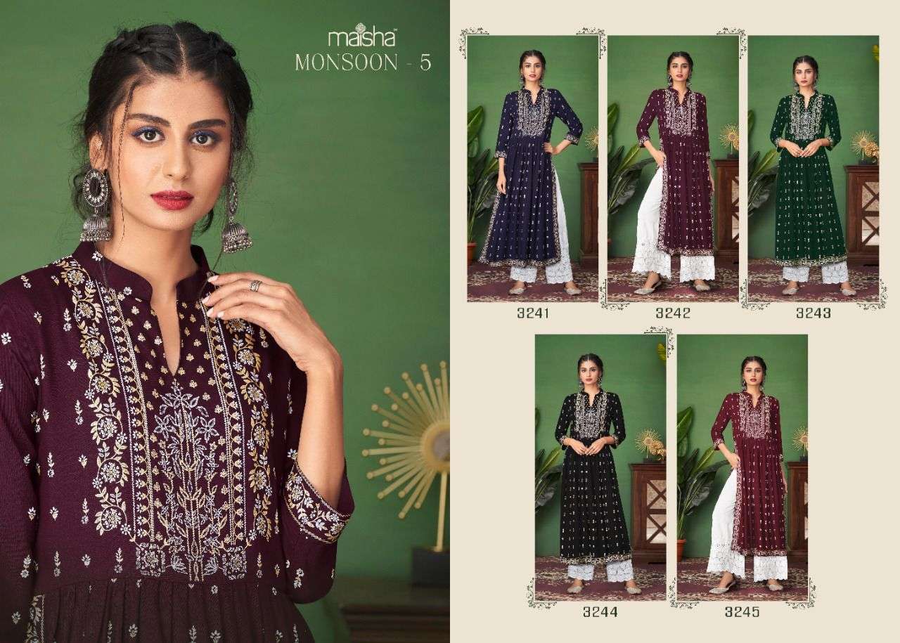 MONSOON VOL-5 BY MAISHA 3241 TO 3245 SERIES DESIGNER STYLISH FANCY COLORFUL BEAUTIFUL PARTY WEAR & ETHNIC WEAR COLLECTION RAYON PRINT KURTIS WITH BOTTOM AT WHOLESALE PRICE