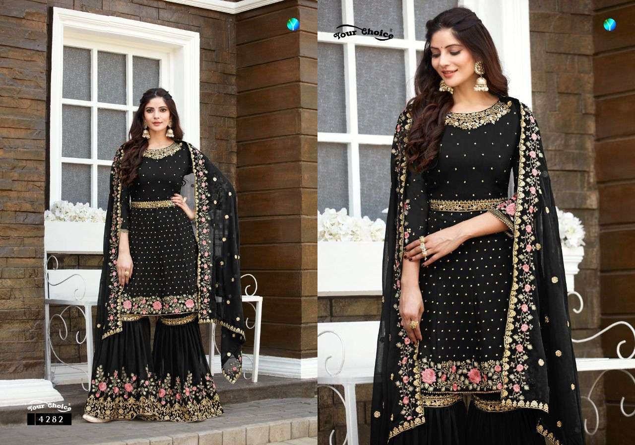 ZARAA HITS BY YOUR CHOICE 4279 TO 4284 SERIES BEAUTIFUL SHARARA SUITS COLORFUL STYLISH FANCY CASUAL WEAR & ETHNIC WEAR GEORGETTE EMBROIDERY WORK DRESSES AT WHOLESALE PRICE