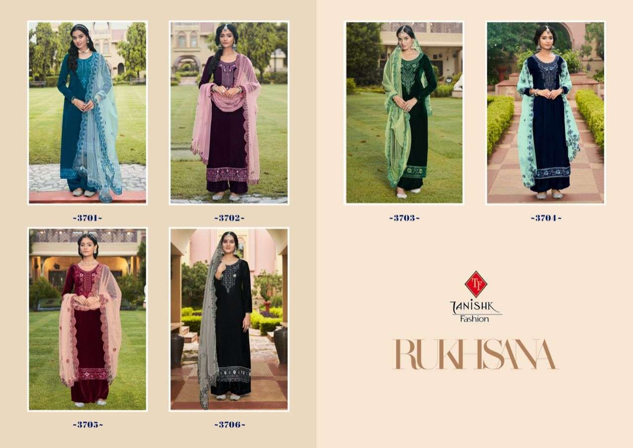 RUKHSANA BY TANISHK FASHION 3701 TO 3706 SERIES DESIGNER SUITS BEAUTIFUL FANCY COLORFUL STYLISH PARTY WEAR & OCCASIONAL WEAR PURE VELVET DRESSES AT WHOLESALE PRICE
