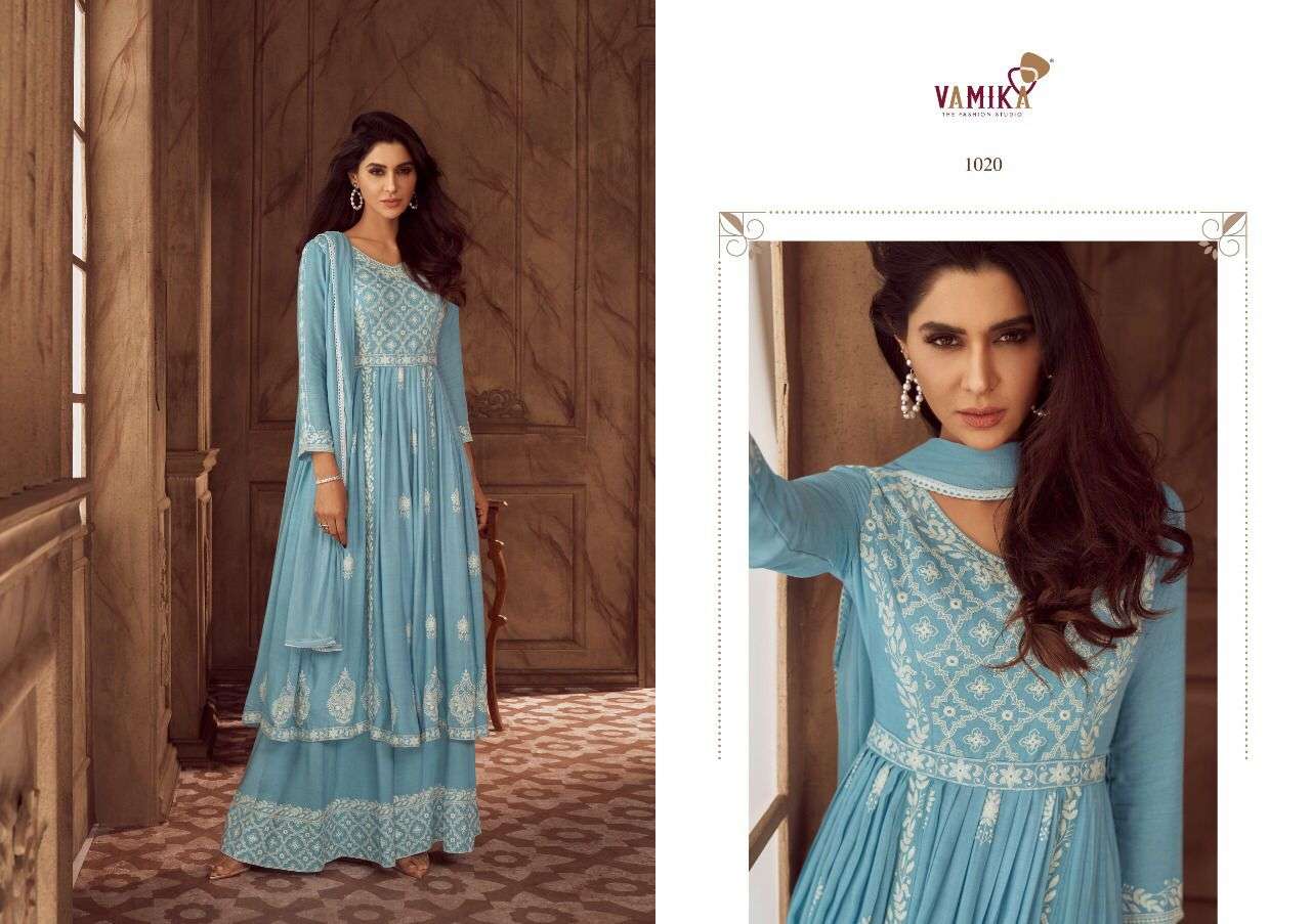LAKHNAVI VOL-4 BY VAMIKA 1019 TO 1024 SERIES BEAUTIFUL STYLISH SHARARA SUITS FANCY COLORFUL CASUAL WEAR & ETHNIC WEAR & READY TO WEAR PURE RAYON PRINTED DRESSES AT WHOLESALE PRICE
