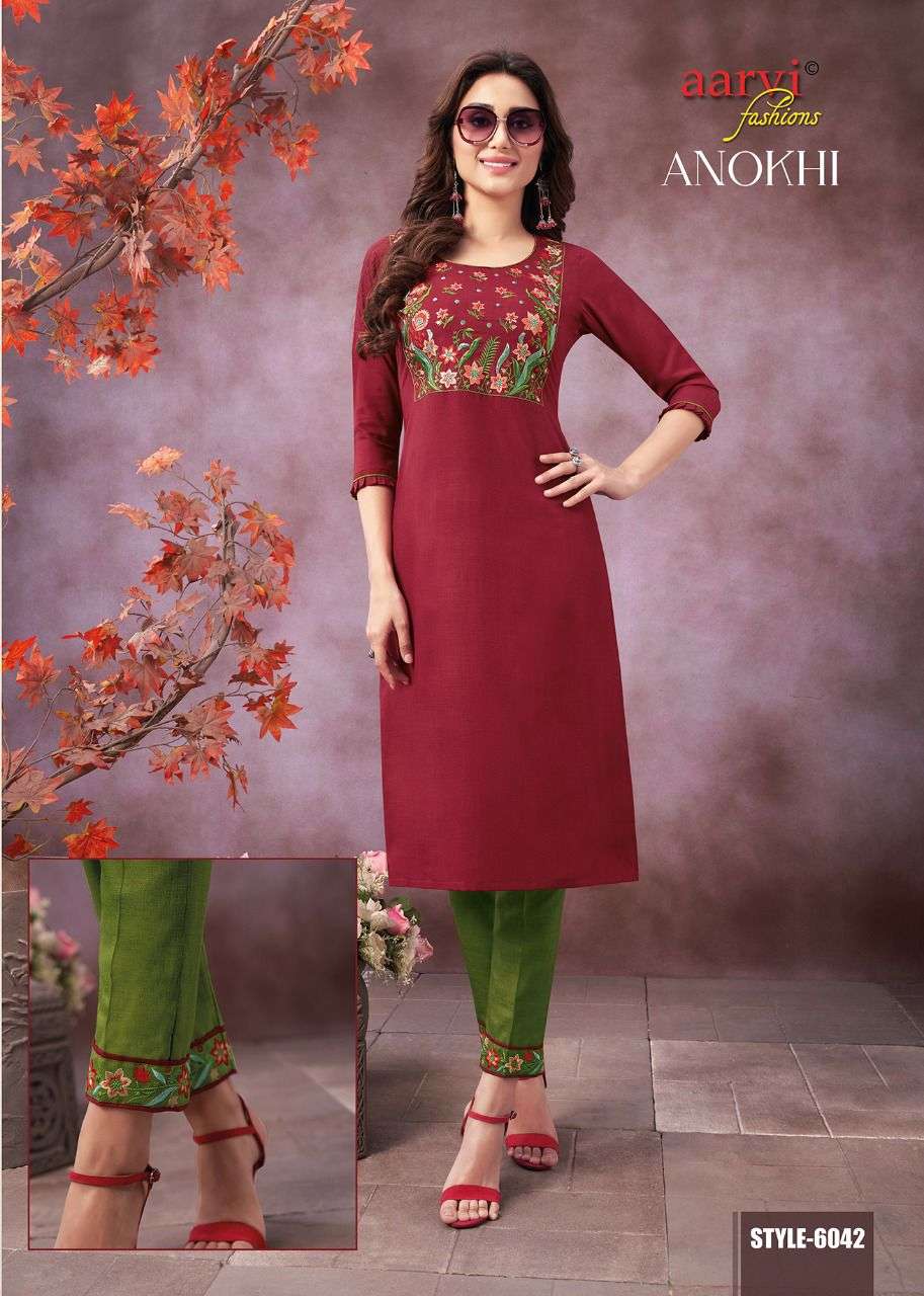 ANOKHI VOL-2 BY AARVI FASHION 6042 TO 6047 SERIES DESIGNER STYLISH FANCY COLORFUL BEAUTIFUL PARTY WEAR & ETHNIC WEAR COLLECTION FANCY KURTIS WITH BOTTOM AT WHOLESALE PRICE