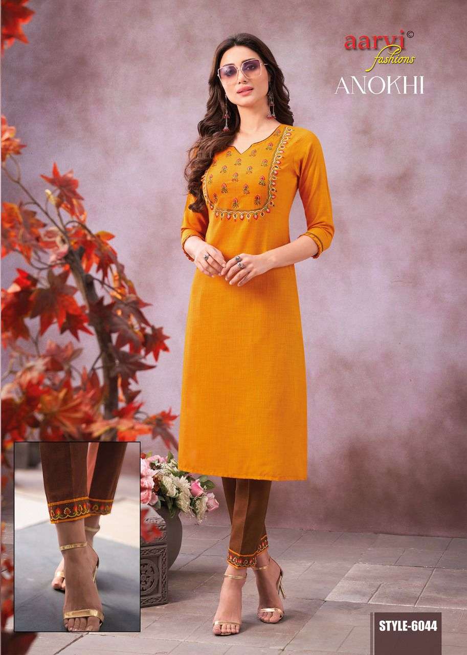 ANOKHI VOL-2 BY AARVI FASHION 6042 TO 6047 SERIES DESIGNER STYLISH FANCY COLORFUL BEAUTIFUL PARTY WEAR & ETHNIC WEAR COLLECTION FANCY KURTIS WITH BOTTOM AT WHOLESALE PRICE