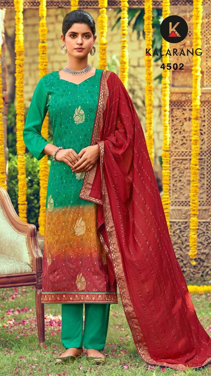 AROMA BY KALARANG 4501 TO 4504 SERIES BEAUTIFUL STYLISH SUITS FANCY COLORFUL CASUAL WEAR & ETHNIC WEAR & READY TO WEAR DOLA JACQUARD EMBROIDERED DRESSES AT WHOLESALE PRICE