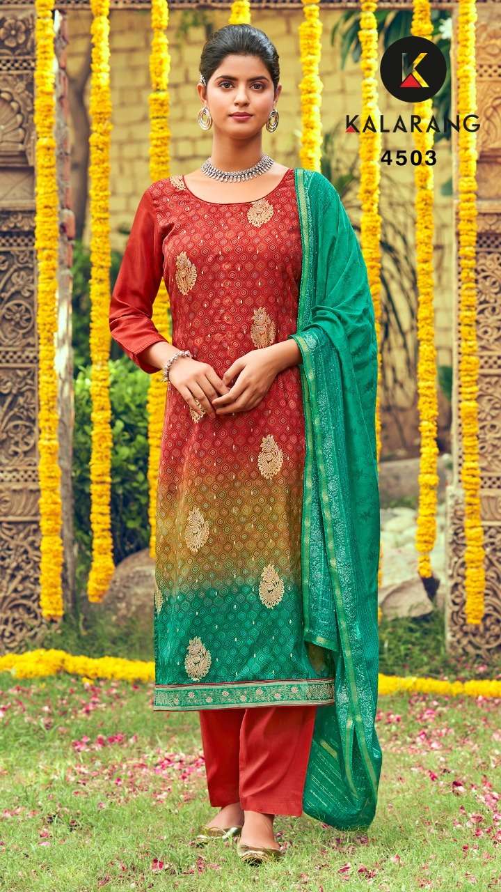 AROMA BY KALARANG 4501 TO 4504 SERIES BEAUTIFUL STYLISH SUITS FANCY COLORFUL CASUAL WEAR & ETHNIC WEAR & READY TO WEAR DOLA JACQUARD EMBROIDERED DRESSES AT WHOLESALE PRICE