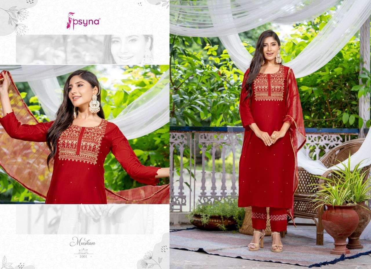 MUSKAN BY PSYNA 1001 TO 1006 SERIES BEAUTIFUL STYLISH SUITS FANCY COLORFUL CASUAL WEAR & ETHNIC WEAR & READY TO WEAR CHANDERI EMBROIDERED DRESSES AT WHOLESALE PRICE