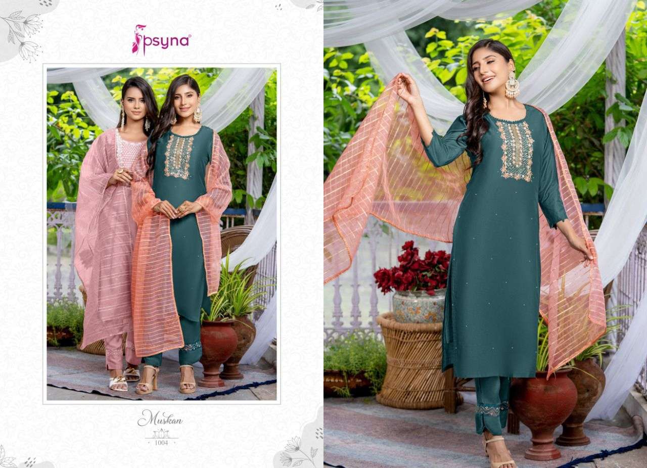 MUSKAN BY PSYNA 1001 TO 1006 SERIES BEAUTIFUL STYLISH SUITS FANCY COLORFUL CASUAL WEAR & ETHNIC WEAR & READY TO WEAR CHANDERI EMBROIDERED DRESSES AT WHOLESALE PRICE