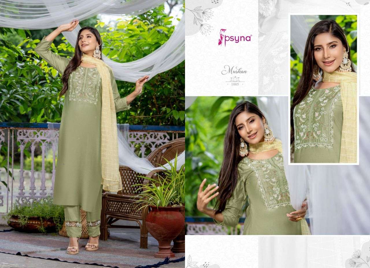 MUSKAN BY PSYNA 1001 TO 1006 SERIES BEAUTIFUL STYLISH SUITS FANCY COLORFUL CASUAL WEAR & ETHNIC WEAR & READY TO WEAR CHANDERI EMBROIDERED DRESSES AT WHOLESALE PRICE