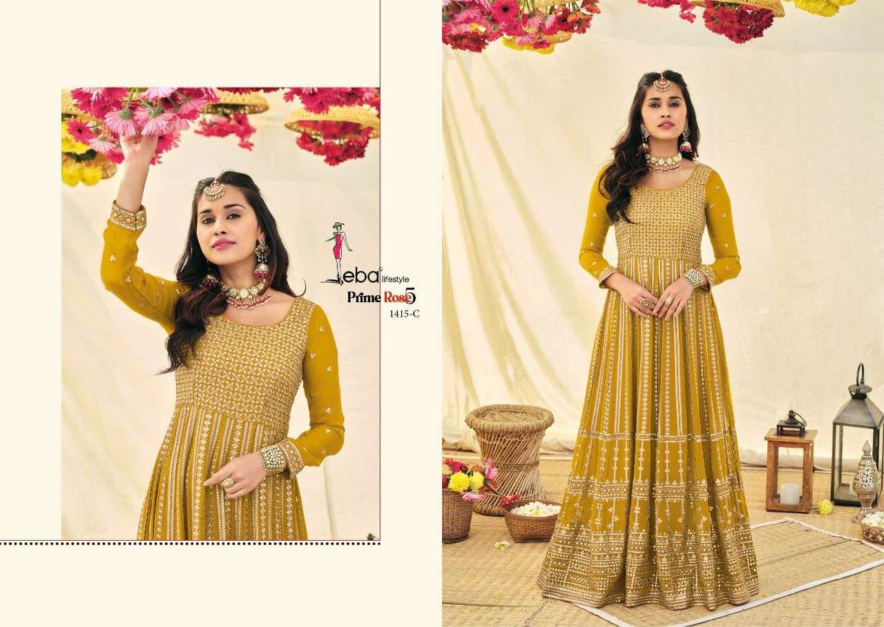 PRIME ROSE VOL-5 COLOUR EDITION-3 BY EBA LIFESTYLE 1415-A TO 1415-C SERIES BEAUTIFUL ANARKALI SUITS STYLISH FANCY COLORFUL PARTY WEAR & OCCASIONAL WEAR PURE GEORTGETTE WITH EMBROIDERY DRESSES AT WHOLESALE PRICE
