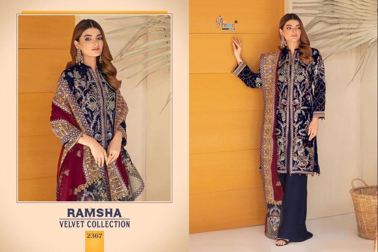 RAMSHA VELVET COLLECTION BY SHREE FABS 2365 TO 2369 SERIES DESIGNER PAKISTANI SUITS BEAUTIFUL FANCY STYLISH COLORFUL PARTY WEAR & OCCASIONAL WEAR PURE VELVET WITH EMBROIDERY DRESSES AT WHOLESALE PRICE