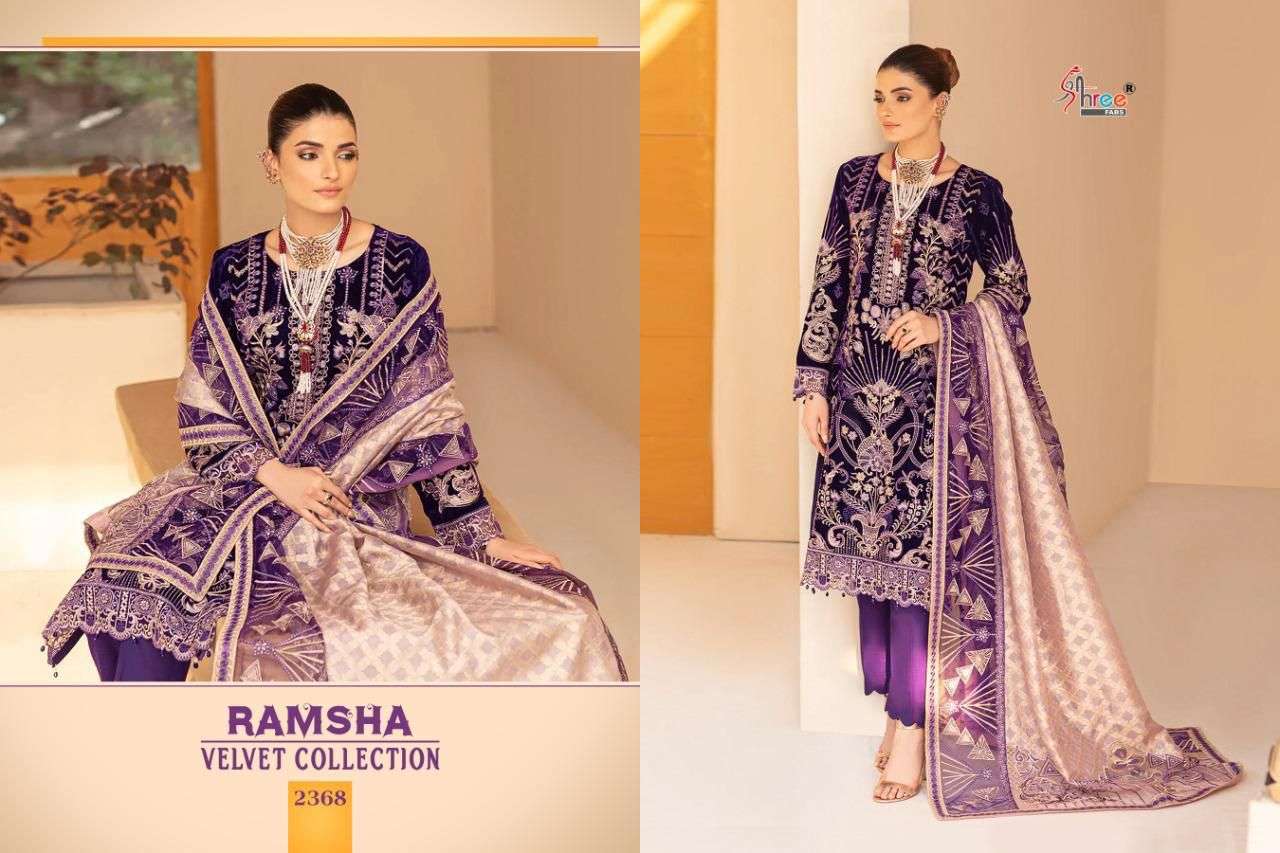RAMSHA VELVET COLLECTION BY SHREE FABS 2365 TO 2369 SERIES DESIGNER PAKISTANI SUITS BEAUTIFUL FANCY STYLISH COLORFUL PARTY WEAR & OCCASIONAL WEAR PURE VELVET WITH EMBROIDERY DRESSES AT WHOLESALE PRICE