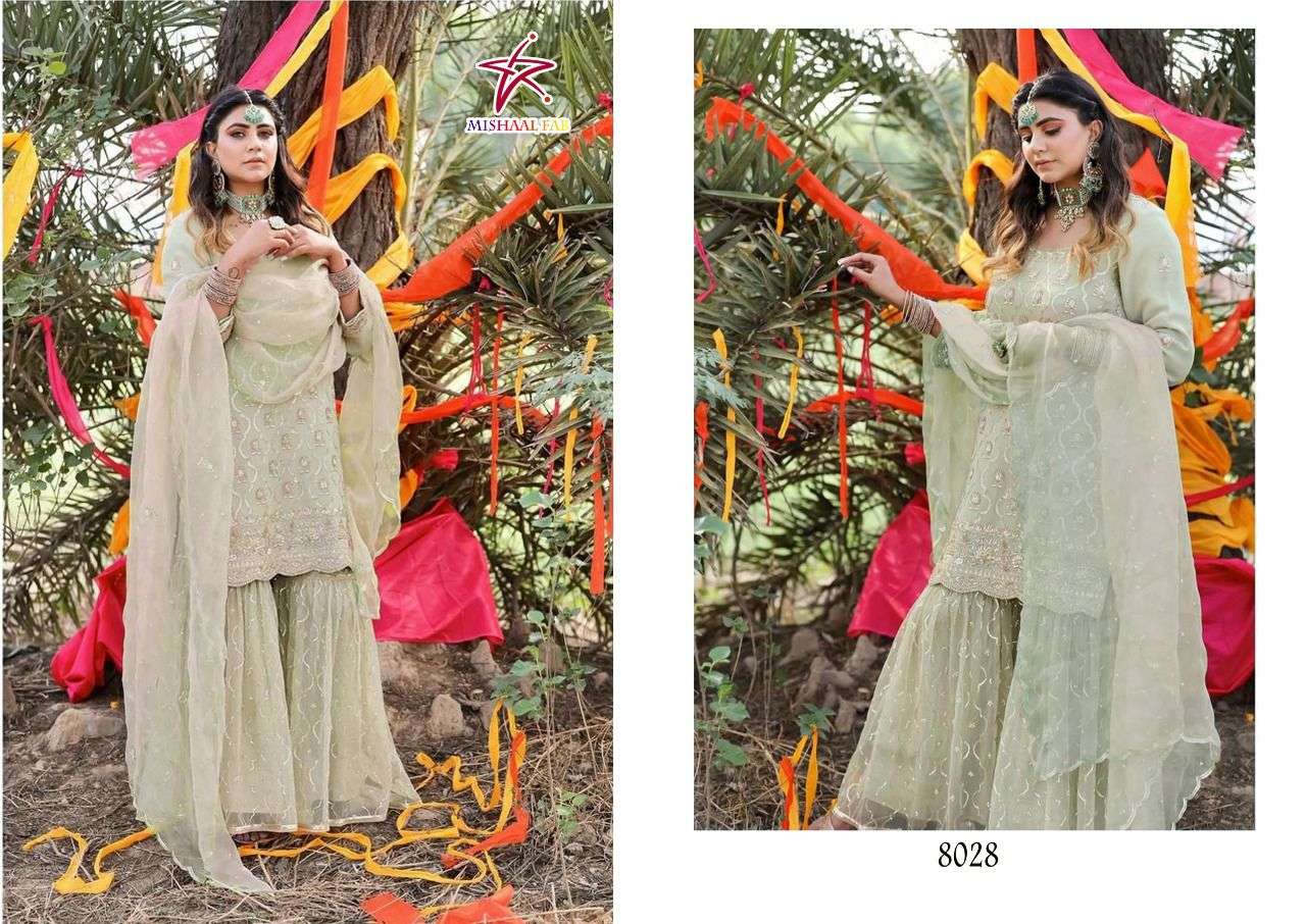 MISHAAL HIT DESIGN 8028 BY MISHAAL FAB BEAUTIFUL PAKISTANI SUITS STYLISH COLORFUL FANCY CASUAL WEAR & ETHNIC WEAR HEAVY GEORGETTE EMBROIDERED DRESSES AT WHOLESALE PRICE