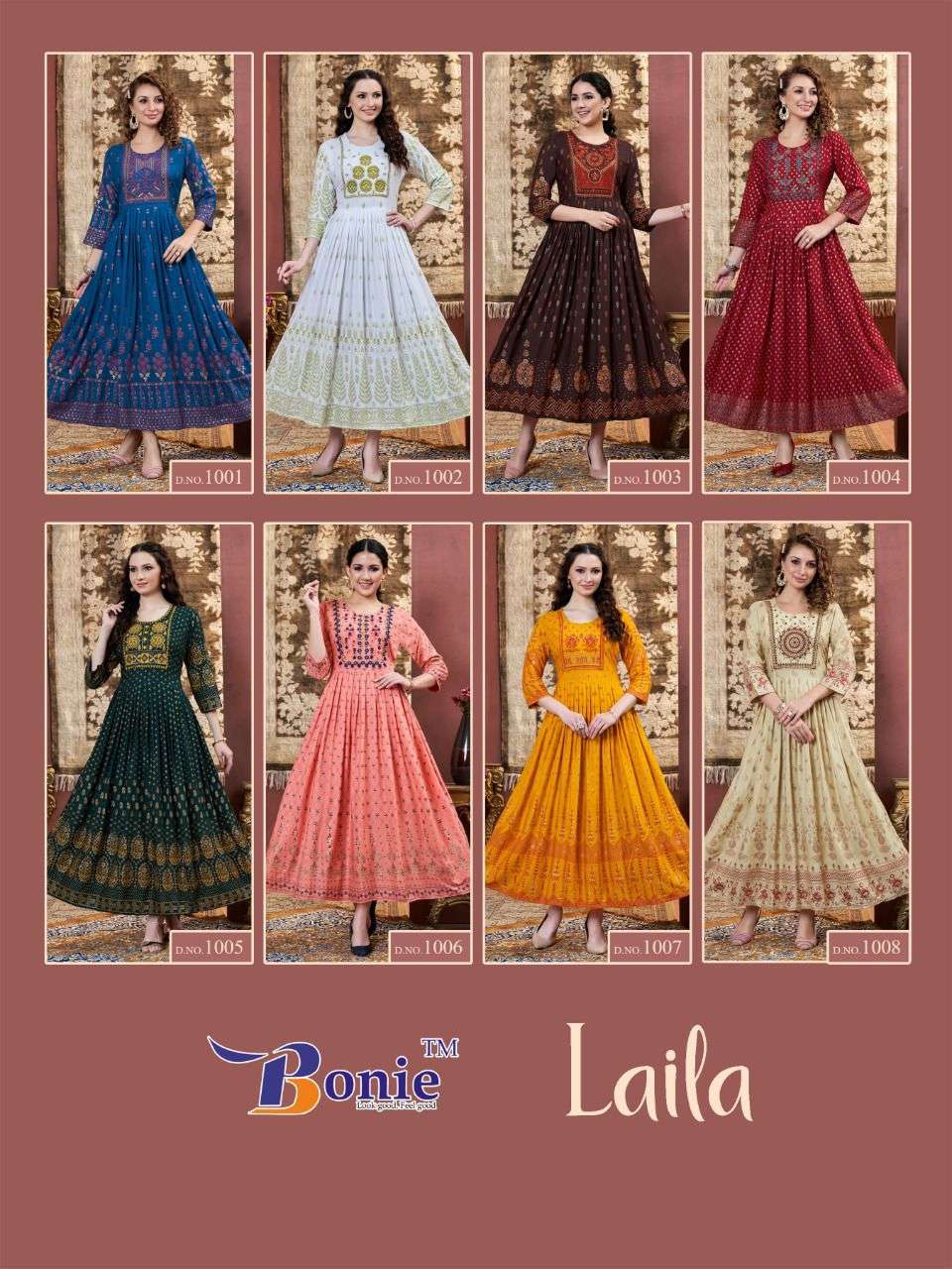 LAILA BY BONIE 1001 TO 1008 SERIES DESIGNER STYLISH FANCY COLORFUL BEAUTIFUL PARTY WEAR & ETHNIC WEAR COLLECTION RAYON PRINT GOWN AT WHOLESALE PRICE