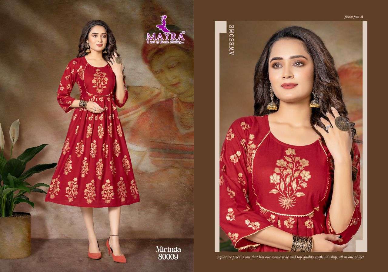 MIRINDA BY MAYRA 80009 TO 80016 SERIES DESIGNER STYLISH FANCY COLORFUL BEAUTIFUL PARTY WEAR & ETHNIC WEAR COLLECTION RAYON PRINT KURTIS AT WHOLESALE PRICE