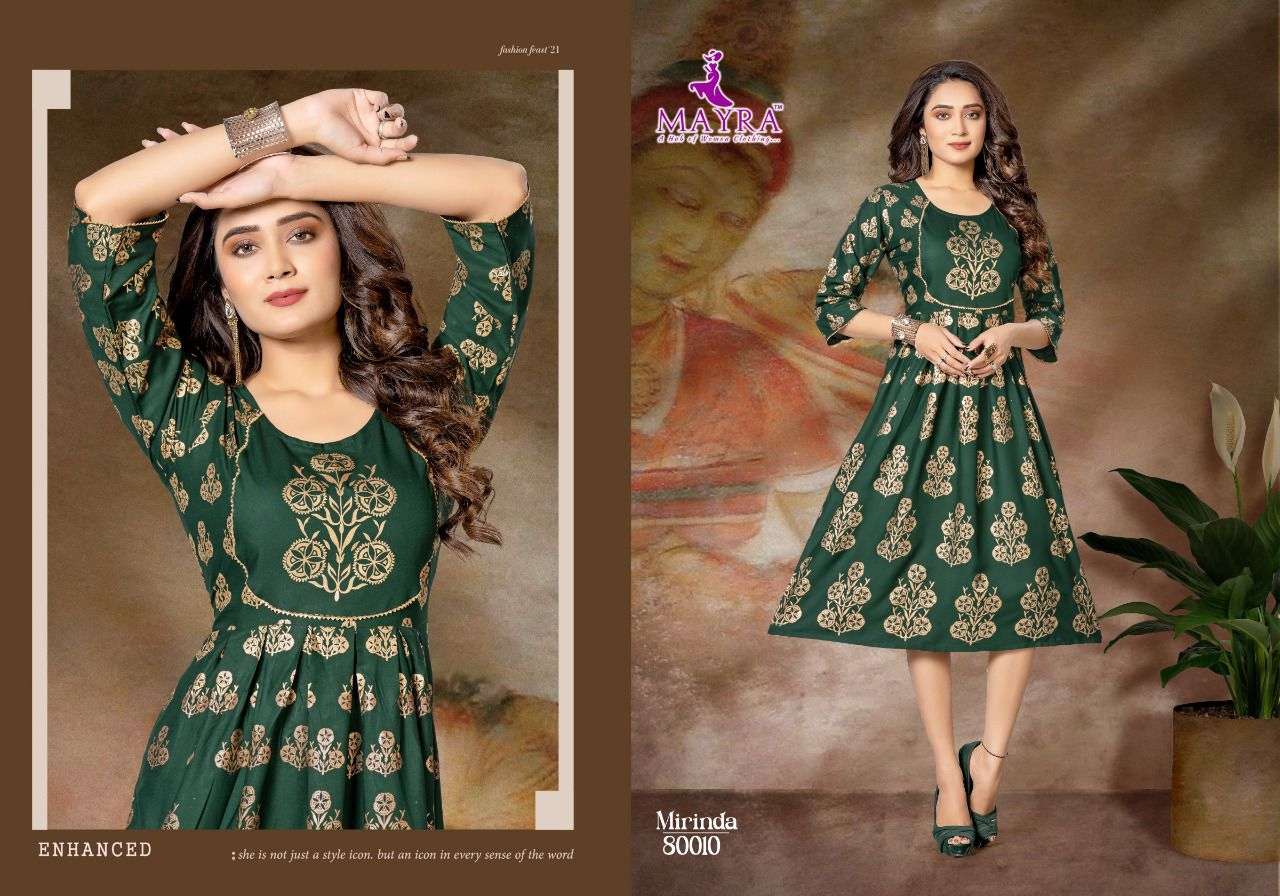 MIRINDA BY MAYRA 80009 TO 80016 SERIES DESIGNER STYLISH FANCY COLORFUL BEAUTIFUL PARTY WEAR & ETHNIC WEAR COLLECTION RAYON PRINT KURTIS AT WHOLESALE PRICE