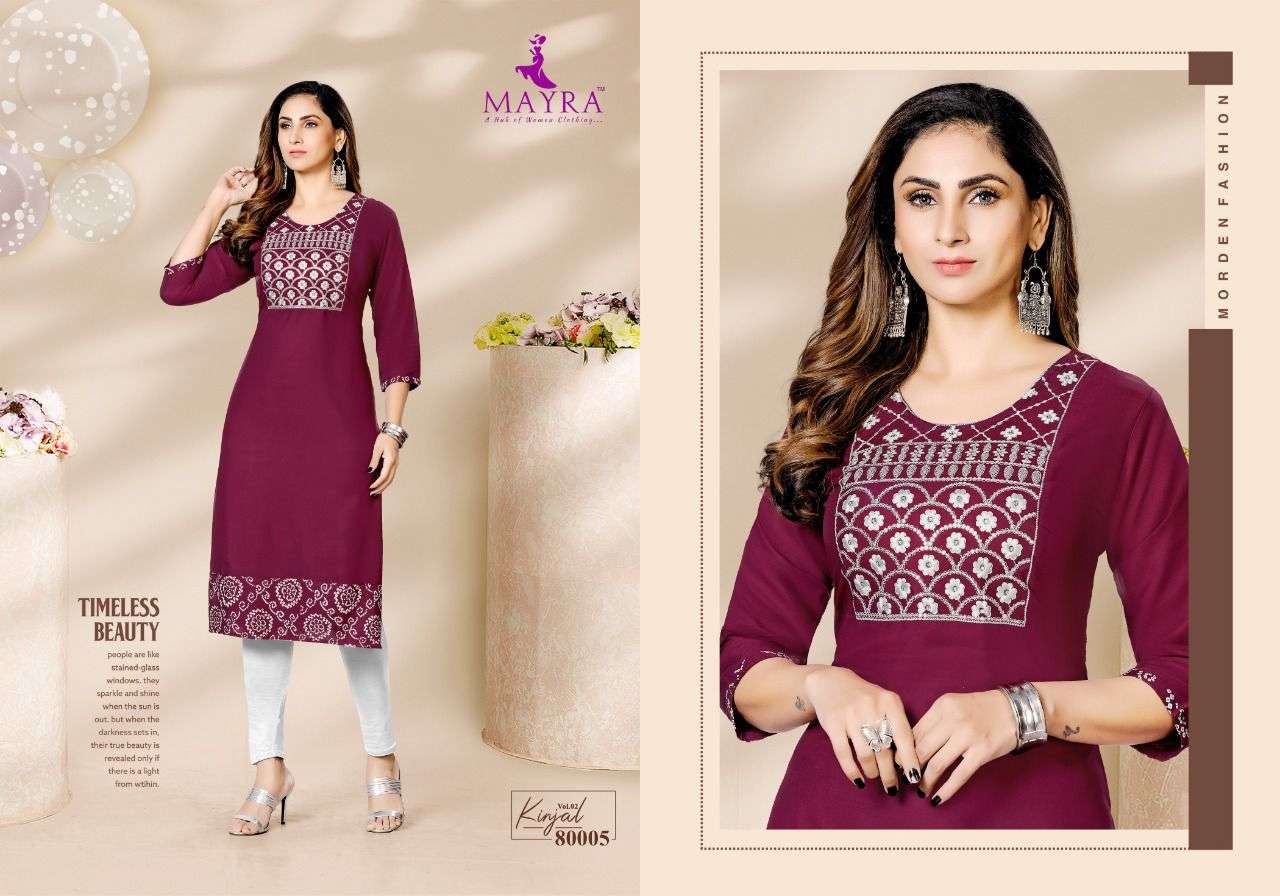 KINJAL VOL-2 BY MAYRA 80001 TO 80008 SERIES DESIGNER STYLISH FANCY COLORFUL BEAUTIFUL PARTY WEAR & ETHNIC WEAR COLLECTION RAYON EMBROIDERED KURTI AT WHOLESALE PRICE