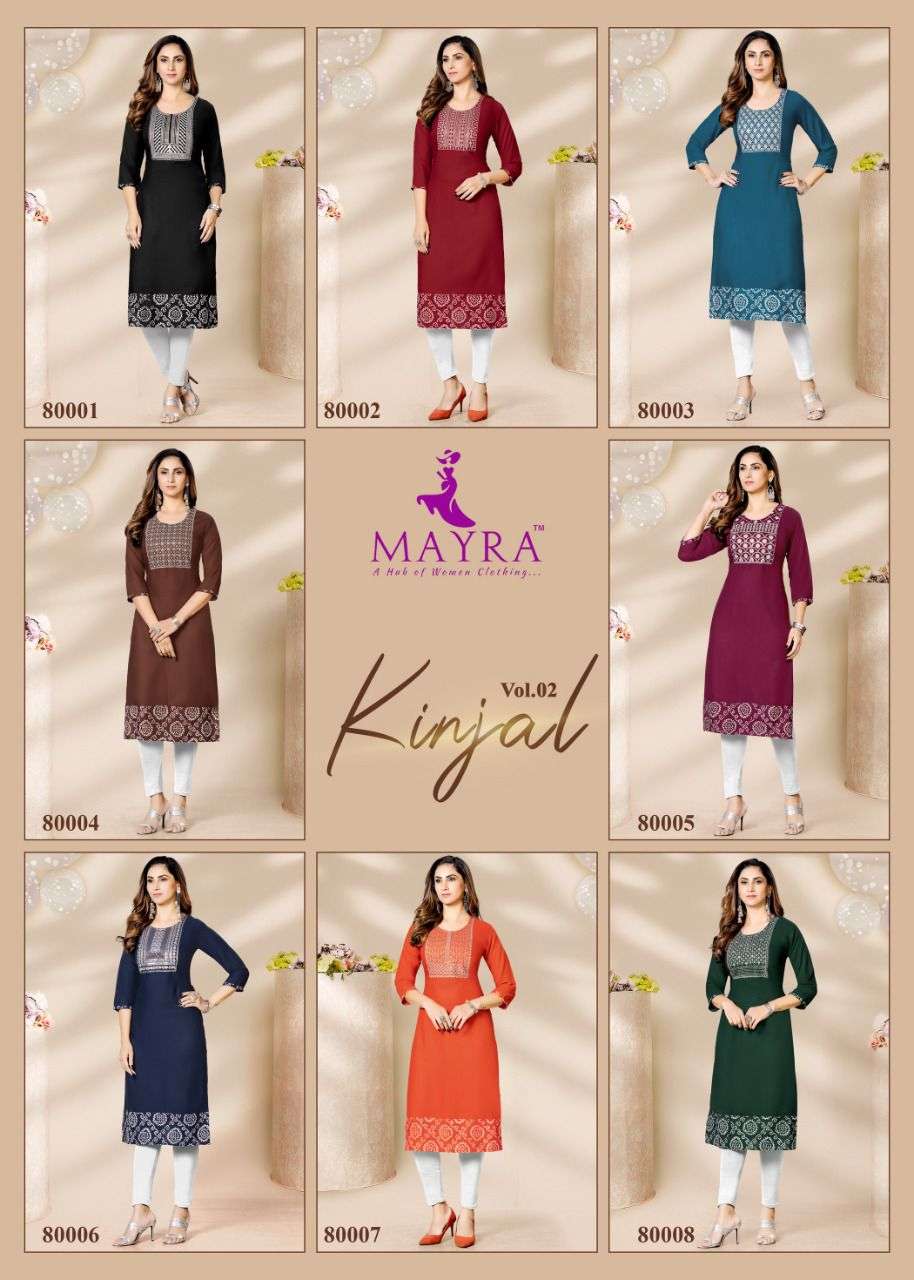 KINJAL VOL-2 BY MAYRA 80001 TO 80008 SERIES DESIGNER STYLISH FANCY COLORFUL BEAUTIFUL PARTY WEAR & ETHNIC WEAR COLLECTION RAYON EMBROIDERED KURTI AT WHOLESALE PRICE