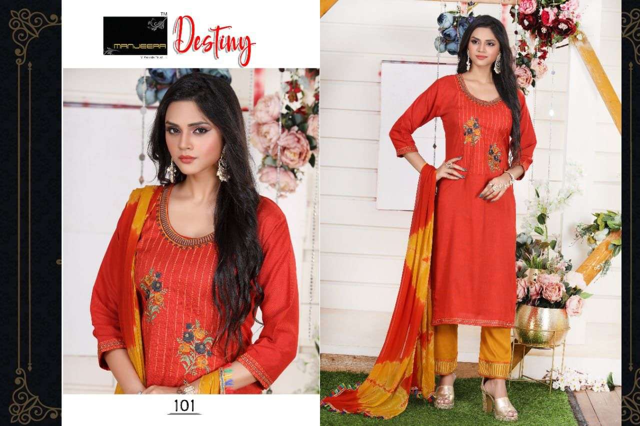DESTINY BY MANJEERA 101 TO 108 SERIES BEAUTIFUL SUITS COLORFUL STYLISH FANCY CASUAL WEAR & ETHNIC WEAR FANCY DRESSES AT WHOLESALE PRICE