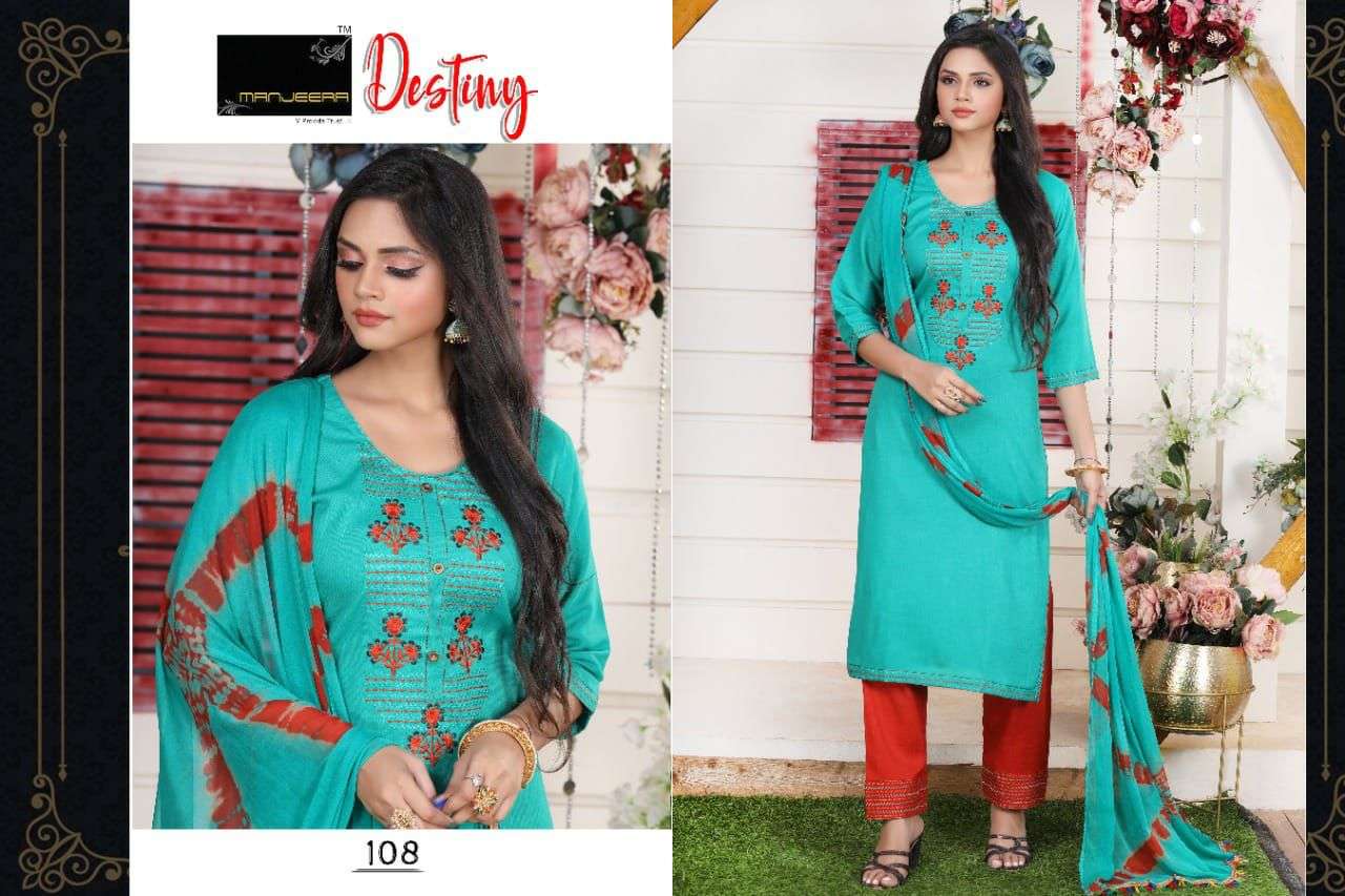 DESTINY BY MANJEERA 101 TO 108 SERIES BEAUTIFUL SUITS COLORFUL STYLISH FANCY CASUAL WEAR & ETHNIC WEAR FANCY DRESSES AT WHOLESALE PRICE
