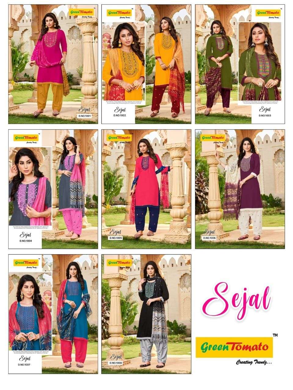 SEJAL BY GREEN TOMATO 1001 TO 1008 SERIES BEAUTIFUL PATIYALA SUITS COLORFUL STYLISH FANCY CASUAL WEAR & ETHNIC WEAR RAYON PRINT DRESSES AT WHOLESALE PRICE