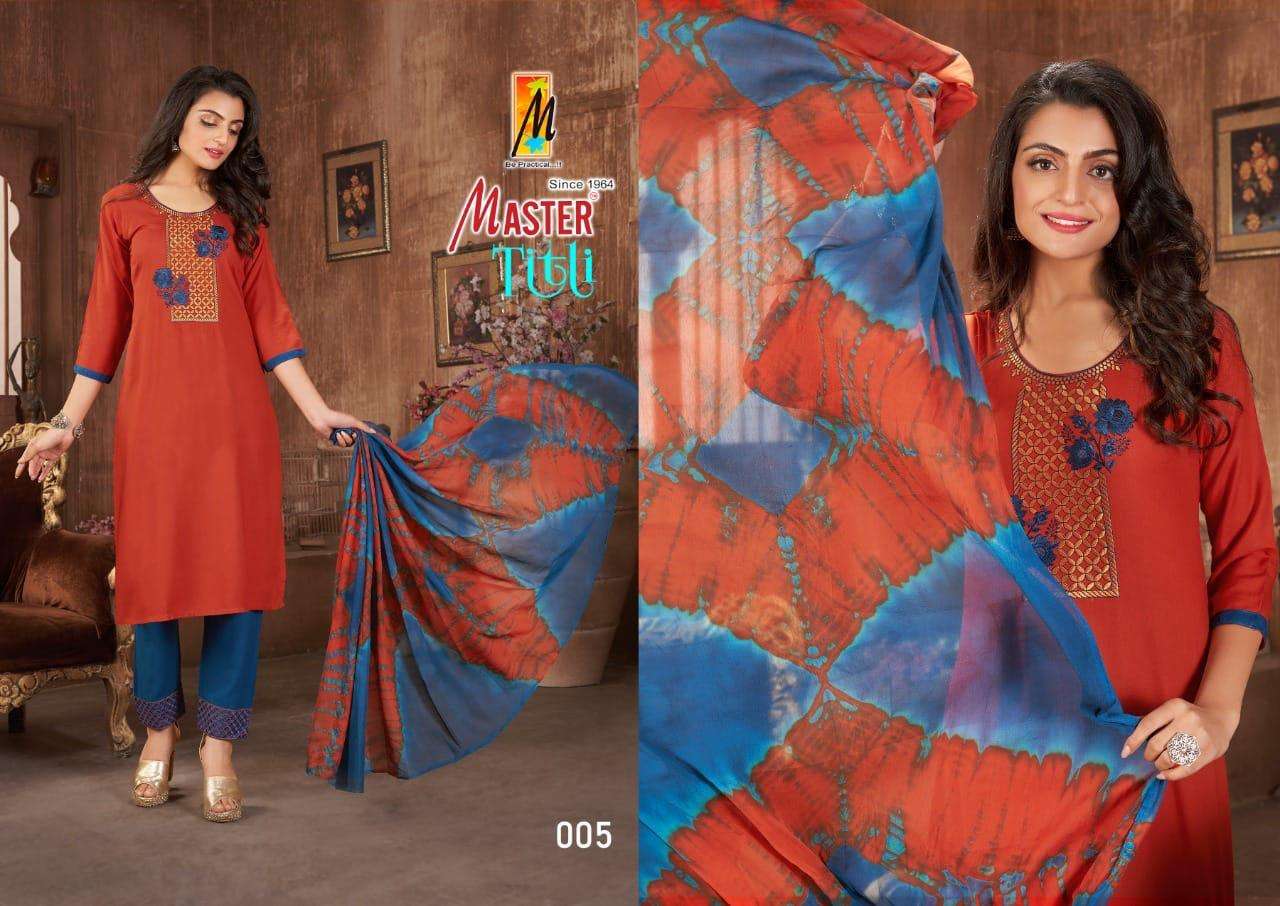 TITLI BY MASTER 001 TO 008 SERIES BEAUTIFUL SUITS COLORFUL STYLISH FANCY CASUAL WEAR & ETHNIC WEAR RAYON PRINT DRESSES AT WHOLESALE PRICE