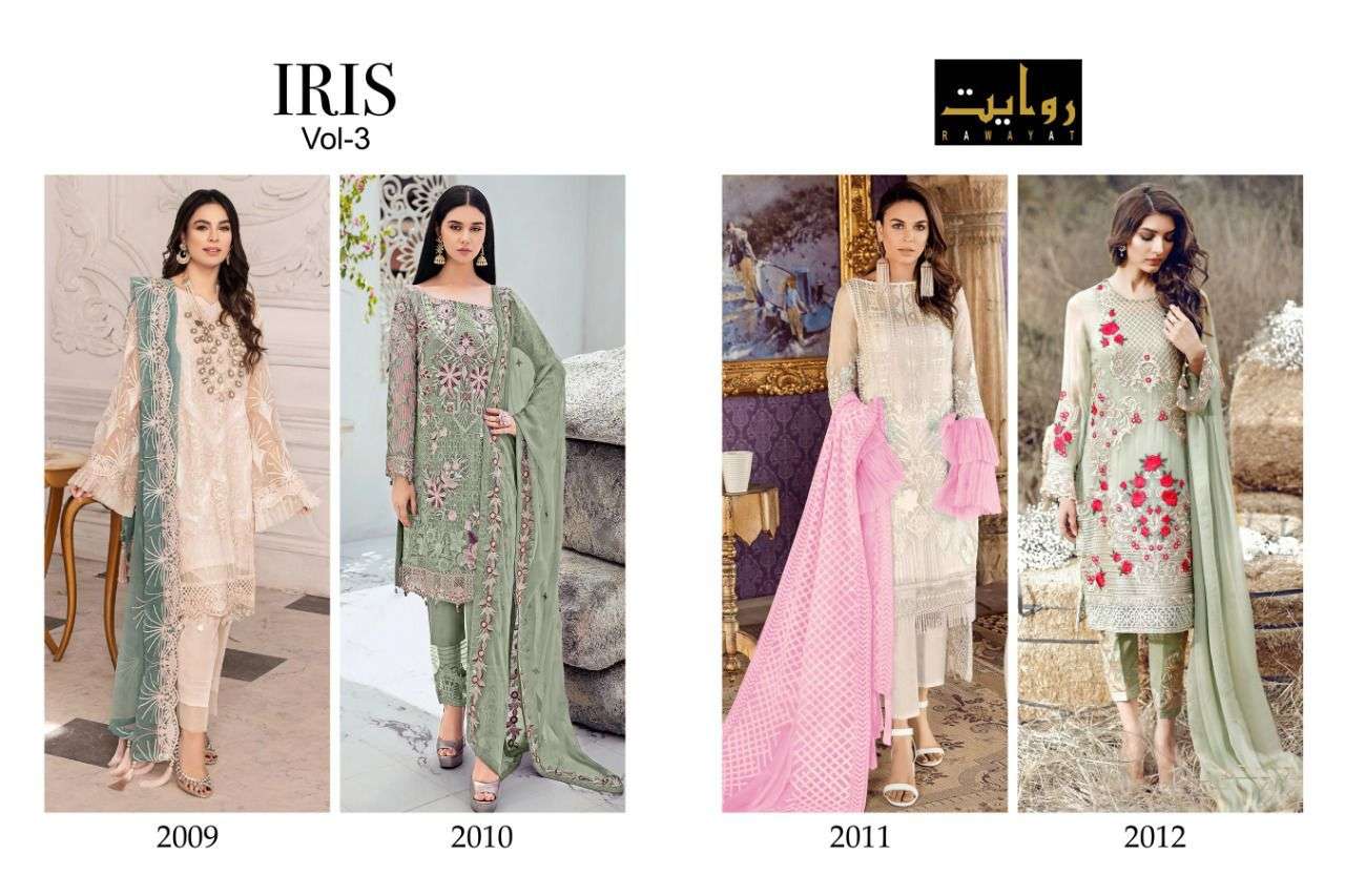 IRIS VOL-3 BY RAWAYAT 2009 TO 2012 SERIES PAKISTANI SUITS BEAUTIFUL FANCY COLORFUL STYLISH PARTY WEAR & OCCASIONAL WEAR FAUX GEORGETTE EMBROIDERY DRESSES AT WHOLESALE PRICE