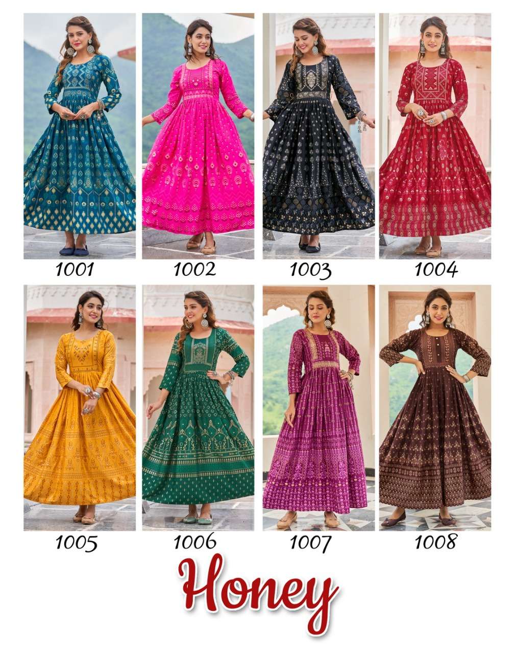 HONEY BY RADHIKA LIFESTYLE 1001 TO 1008 SERIES DESIGNER STYLISH FANCY COLORFUL BEAUTIFUL PARTY WEAR & ETHNIC WEAR COLLECTION RAYON PRINT GOWN AT WHOLESALE PRICE